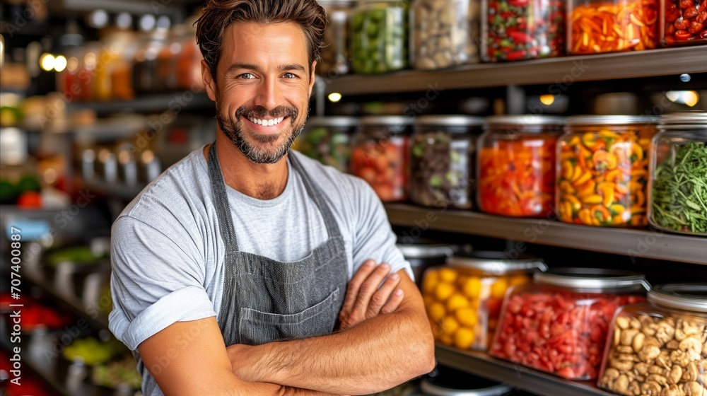 Man Standing in Front of Food-Filled Store