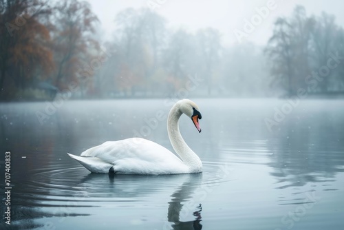 Single white swan in a serene lake, soft focus