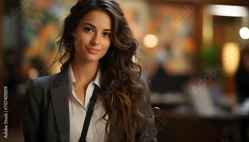 Graceful Professionalism  Portrait of a Smiling Businesswoman in Brown Wavy Hair and Grey Suit 