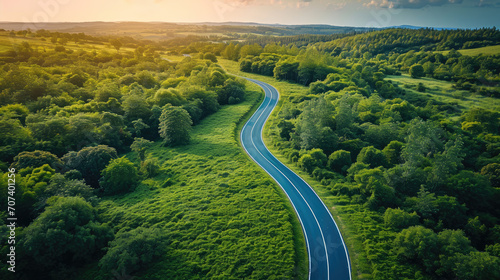 Wonderful drone view of winding countryside road through beautiful green forest 