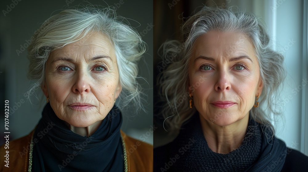 Photo of old woman before and after plastic surgery - obrazy, fototapety, plakaty 