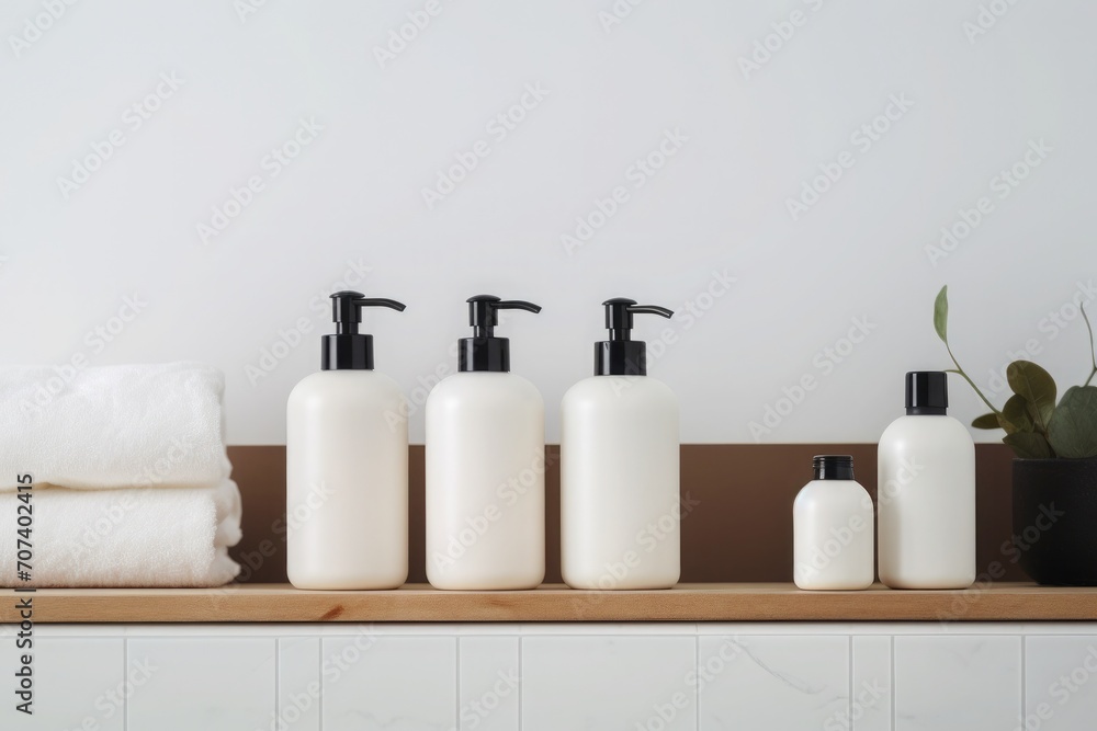 Minimalist bathroom shelf with various sizes of white bottles with black pumps and white towels Minimalist bathroom shelf with various sizes of white bottles with black pumps and white towels