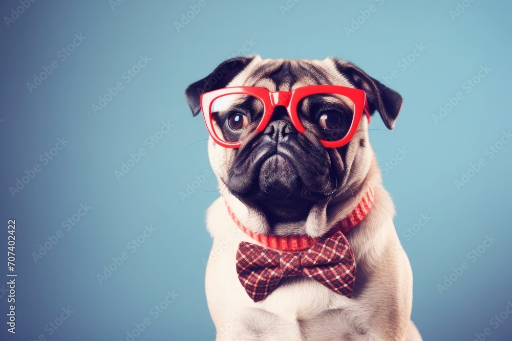 English bulldog wearing glasses and red bow tie