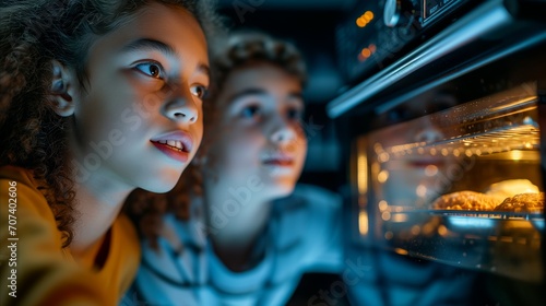 Children Peering Into Oven, Cooking Together