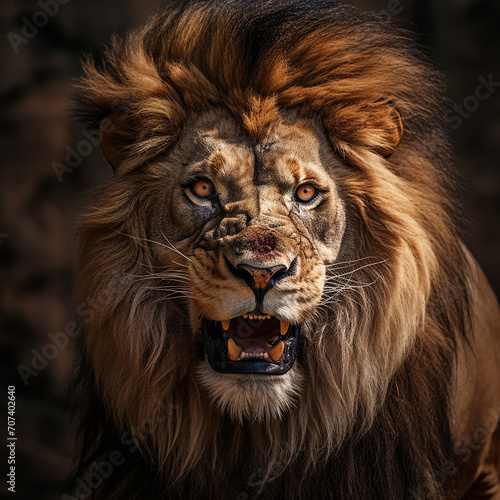 Close-up of the head of an aggressive lion ready to attack