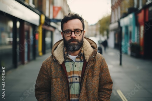 Portrait of handsome bearded hipster man with glasses and coat in the city © Inigo