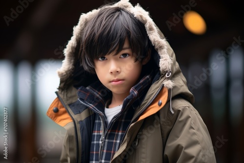 Portrait of a cute little boy in winter clothes, outdoor shot