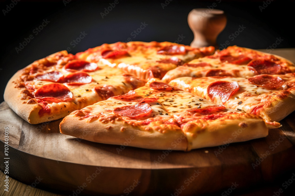 Illustration of a delicious pepperoni pizza. Salami, cheese, crispy baked and cut pizza.