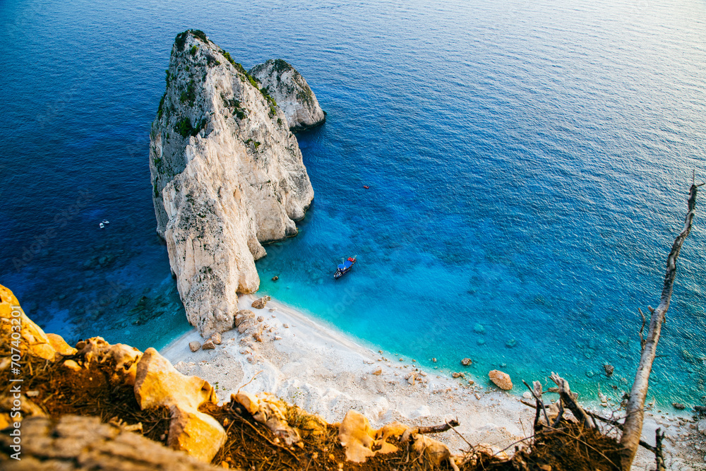 viewpoint of Keri and the famous Mizithres rocks with turquoise sea at Zakynthos island  Greece