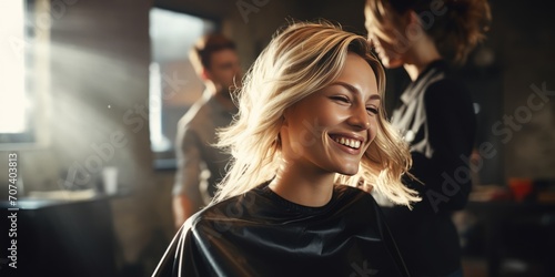 Young female hairdresser fixing hair of gorgeous smiling woman. Hairdress and beauty concept