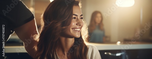 Young female hairdresser fixing hair of gorgeous smiling woman. Hairdress and beauty concept