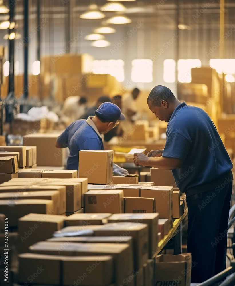 Warehouse workers in a big warehouse. Online shopping, ecommerce, dropshipping. Parcel Hub. Warehouse workers in a big warehouse. Online shopping, ecommerce, dropshipping. Parcel Hub.