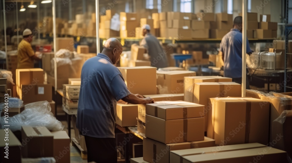 Warehouse workers in a big warehouse. Online shopping, ecommerce, dropshipping. Parcel Hub. Warehouse workers in a big warehouse. Online shopping, ecommerce, dropshipping. Parcel Hub.
