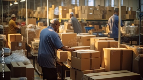 Warehouse workers in a big warehouse. Online shopping, ecommerce, dropshipping. Parcel Hub. © wojciechkic.com