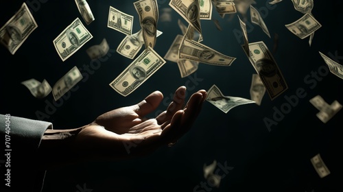 Money falling. Concept of success, achievment. Hand reaching for cash. Money Rain and the Pursuit of Achievement photo