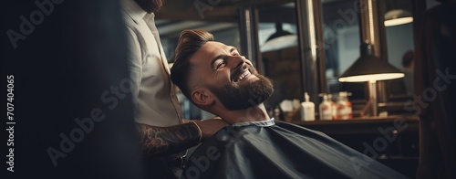Attractive happy man smiling while getting a new trendy haircut or hairstyle with a professional male barber