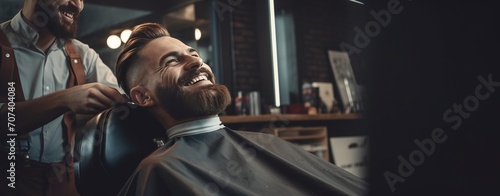 Attractive happy man smiling while getting a new trendy haircut or hairstyle with a professional male barber photo