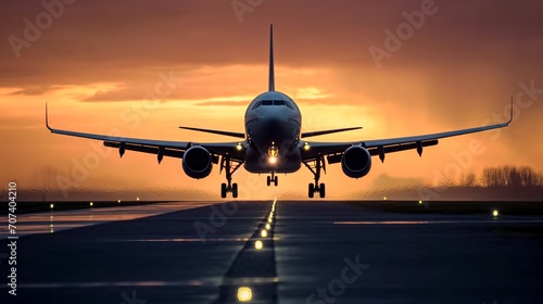 Passenger plane is landing during a wonderful sunrise.