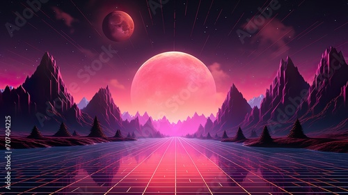Synthwave retro cyberpunk style landscape background banner or wallpaper. Bright neon pink and purple colors photo