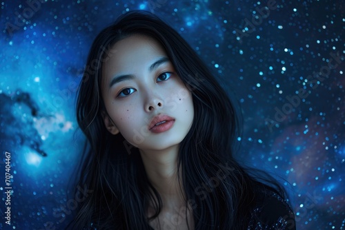 Studio portrait of a young Asian model with a cosmic starry sky background