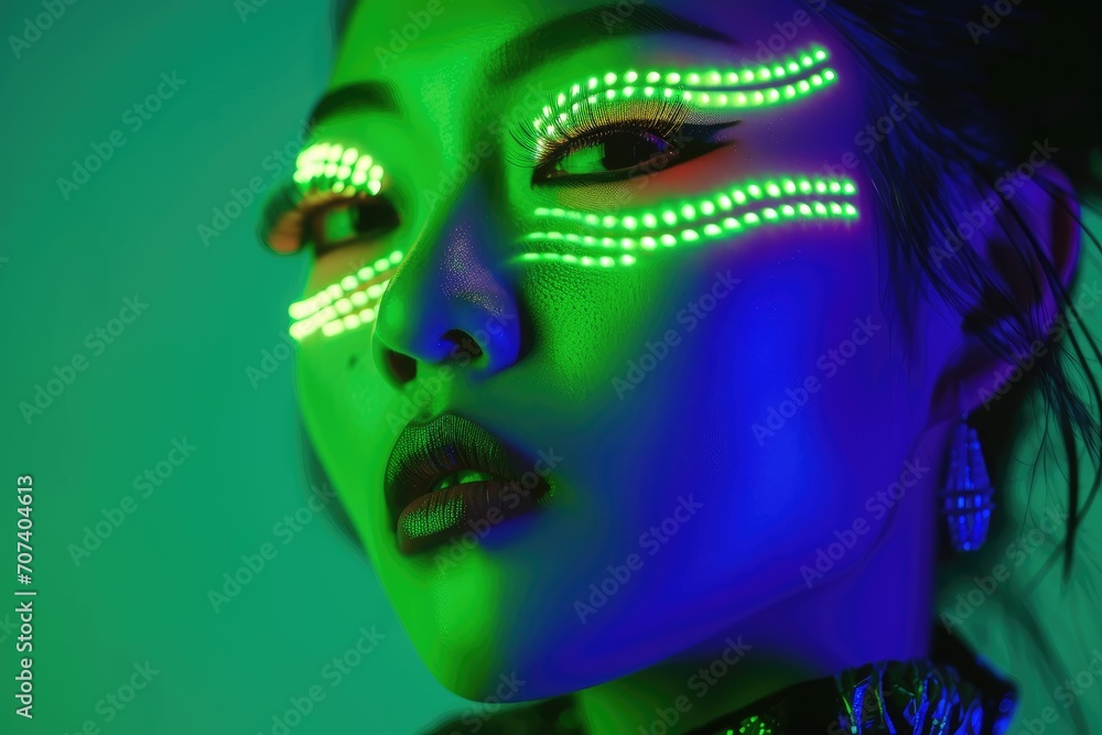 Studio portrait of a young Asian model with neon green light and futuristic elements. Studio portrait of a young Asian model with neon green light and futuristic elements.
