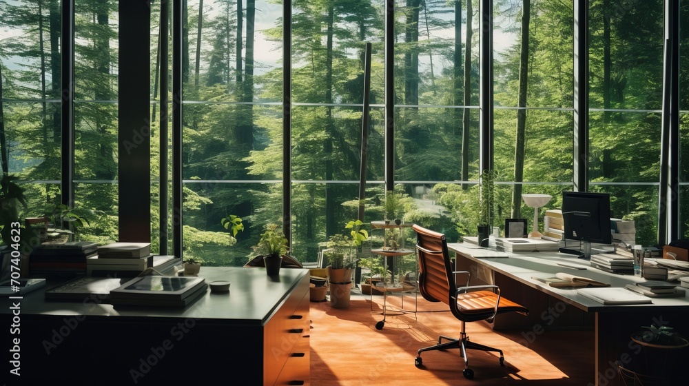 View of Eco-friendly building in the modern city. Sustainable glass office ...