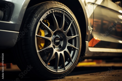 Car garage, car workshop, tyre changing wheel alloy tire. Repair or maintenance auto service. Sport rims.