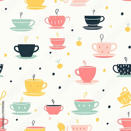 Seamless pattern tea cups on white background retro style. Fabric print. background. Doodle