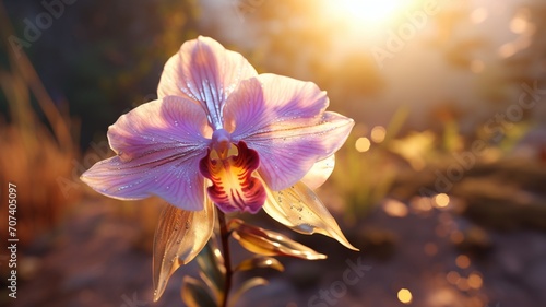 An Anguloa uniflora orchid bathed in golden sunlight, radiating warmth and tranquility  -Generative Ai
 photo