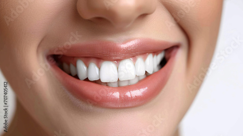 Dental care and hygiene concept. A close up photo of the lower part of a female face  handsome cute smile with very clean perfect teeth. White background.
