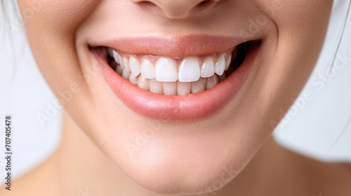 Dental care and hygiene concept. A close up photo of the lower part of a female face, handsome cute smile with very clean perfect teeth. White background.