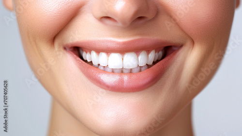 Dental care and hygiene concept. A close up photo of the lower part of a female face, handsome cute smile with very clean perfect teeth. White background.