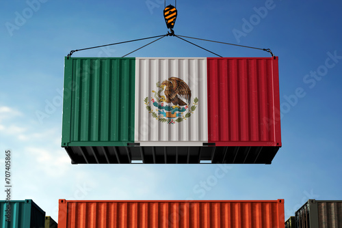 Mexico trade cargo container hanging against clouds background photo
