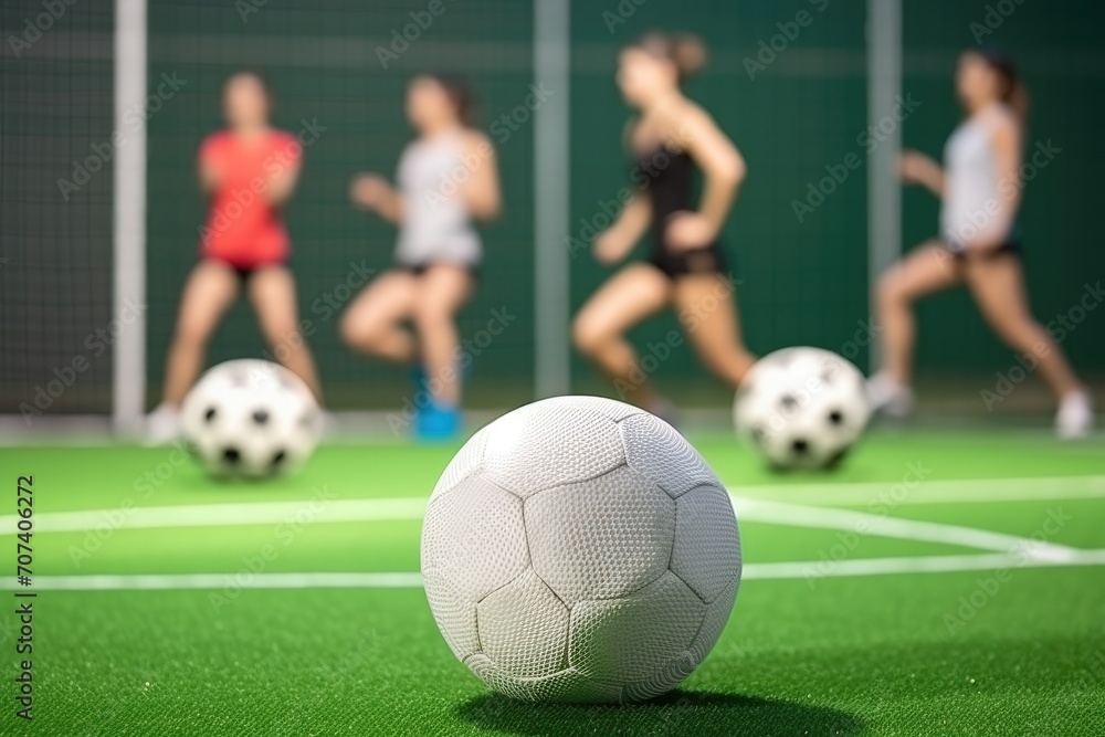 women sports team, grass and goal ball on training mockup