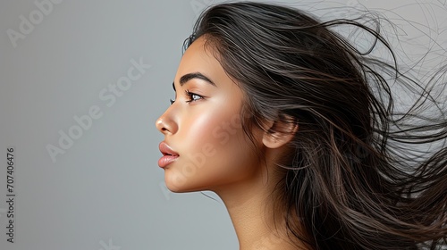Beautiful sensual young indian woman with long black  hair in profile for hair care advertising