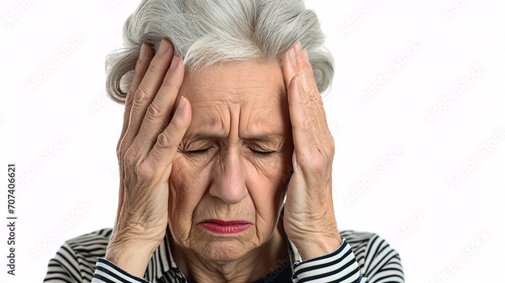 Elderly woman in pain, holding his head due to a migraine headache, isolated on a white background, illustrating discomfort and health issues. Elderly woman in pain, holding his head due to a migraine headache, isolated on a white background, illustrating discomfort and health issues.