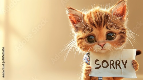 A cartoon illustration of a sad peach kitten holding in its paws a white piece of paper with the words 