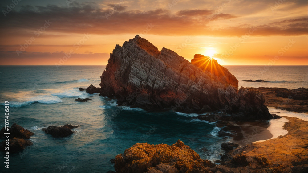landscape of rocks in the sea ocean at sunset