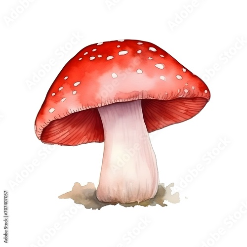 beautiful, cute, red mushroom watercolor, solid white background