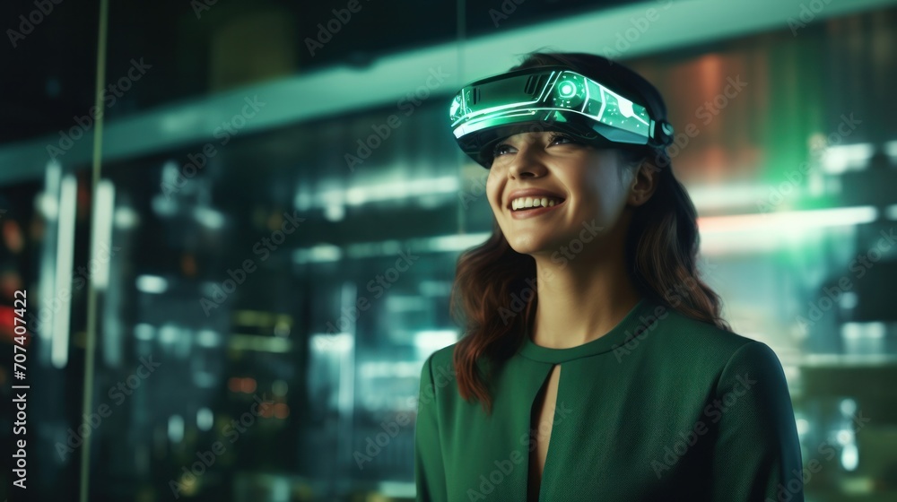 Smiling businesswoman in green sweater is wearing vr helmet. Digital interface in 3d glasses. Concept of future technology, interaction and entertainment playing game in virtual reality Smiling businesswoman in green sweater is wearing vr helmet. Digital interface in 3d glasses. Concept of future technology, interaction and entertainment playing game in virtual reality