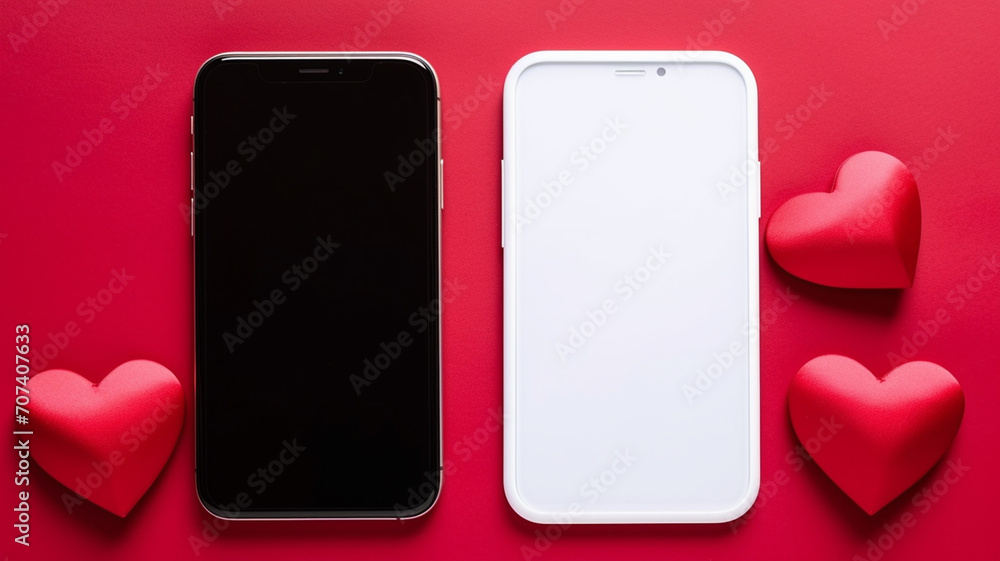 phone with blank screen and red hearts on red background, top view
phone with blank screen and red hearts on red background, top view