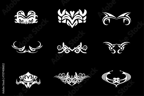 Gothic tribal symbol tattoo vector designs. Set of Symmetric Tribal Patterns Gothic Elements with cyberpunk twist. Flying winged frame. Print for t-shirt, hoodie and sweatshirt or card, poster