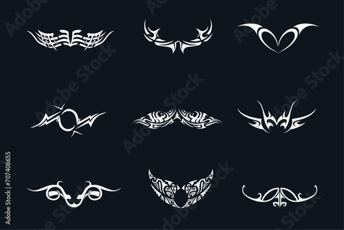 Gothic tribal symbol tattoo vector designs. Set of Symmetric Tribal Patterns Gothic Elements with cyberpunk twist. Flying winged frame. Print for t-shirt, hoodie and sweatshirt or card, poster