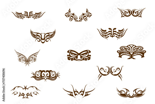 Gothic tribal symbol tattoo vector designs. Set of Symmetric Tribal Patterns Gothic Elements with cyberpunk twist. Flying winged frame. Print for t-shirt, hoodie and sweatshirt or card, poster © CzakaU