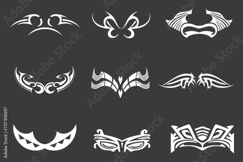 Gothic tribal symbol tattoo vector designs. Set of Symmetric Tribal Patterns Gothic Elements with cyberpunk twist. Flying winged frame. Print for t-shirt  hoodie and sweatshirt or card  poster