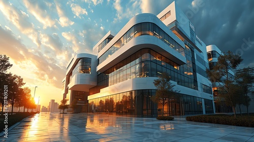 a modern, multi-story building with a unique and sleek design, characterized by its white facade and curved structures, surrounded by trees and has large glass windows.