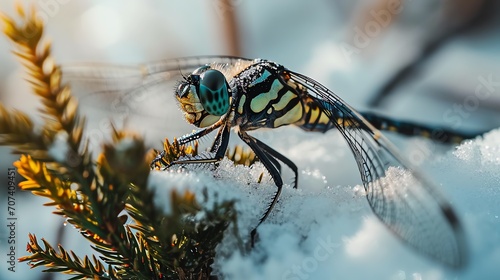 a close-up view of a dragonfly resting on a plant amidst the snow. © Raad