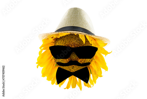 Blooming yellow sunflower wearing a hat, glasses, bow tie and mustache (close-up) on a transparent background