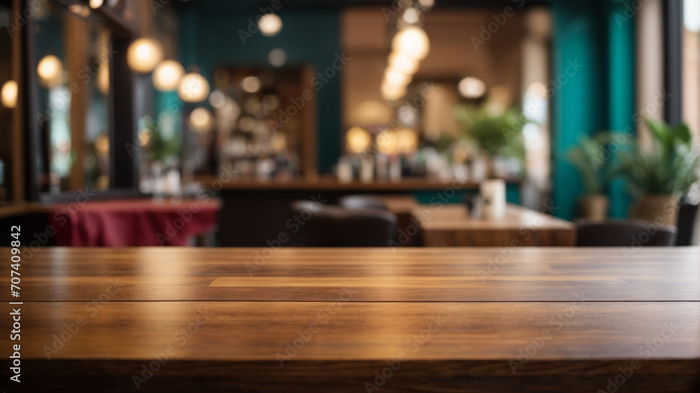 Empty wooden table in a pub or restaurant with bokeh background. High quality photo
