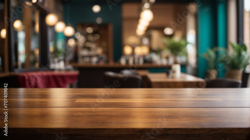 Empty wooden table in a pub or restaurant with bokeh background. High quality photo 
